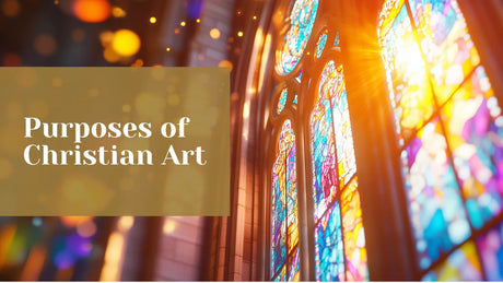 an image of a church stained-glass window with the text "purposes of christian art" written over it"