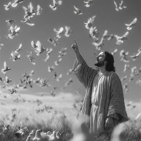 Realistic Christian Art of Jesus Pointing up at the birdsMathew 6 26 Birds in the air