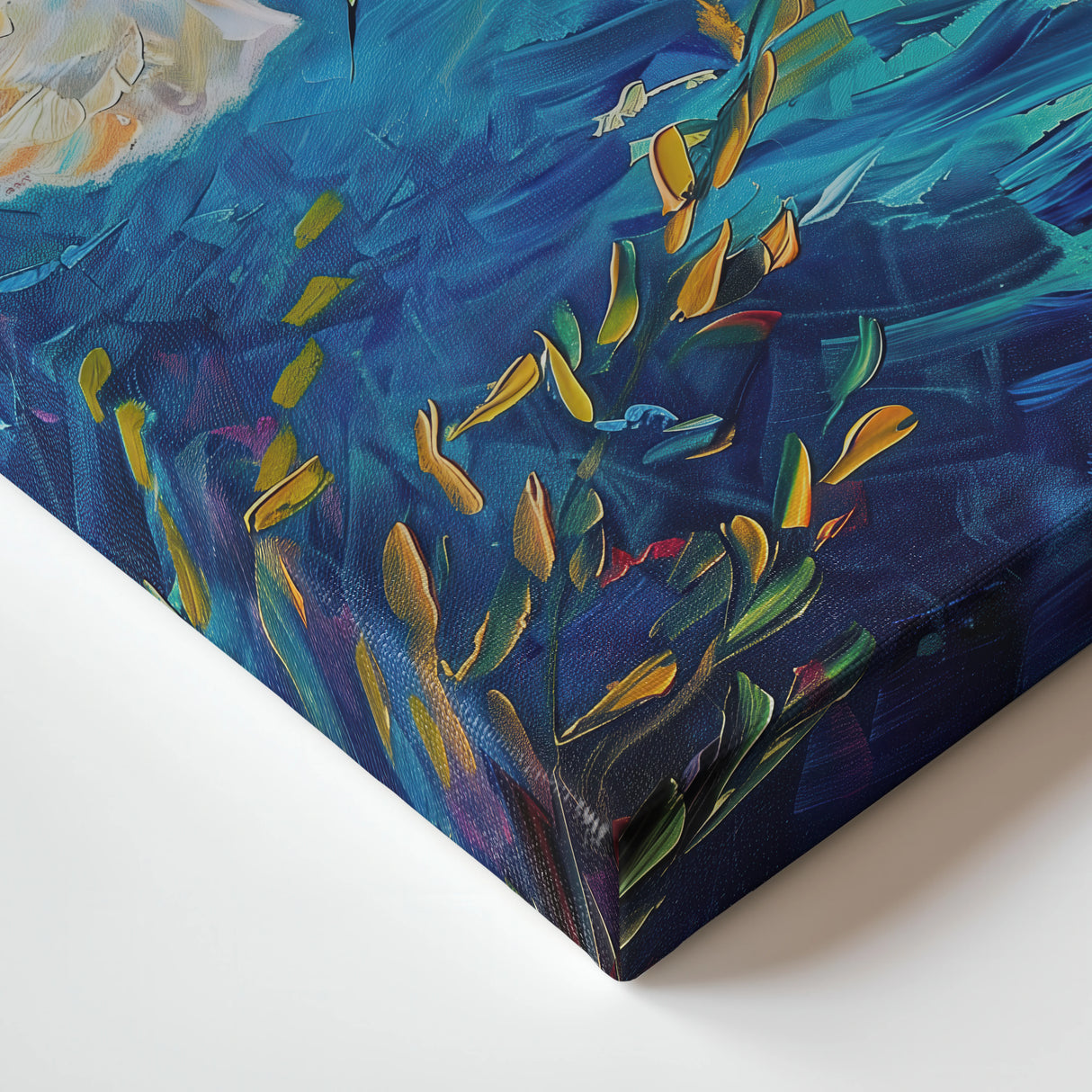 close-up of the dove painting on canvas showing the rich brushstrokes, deep blue water, and golden highlights