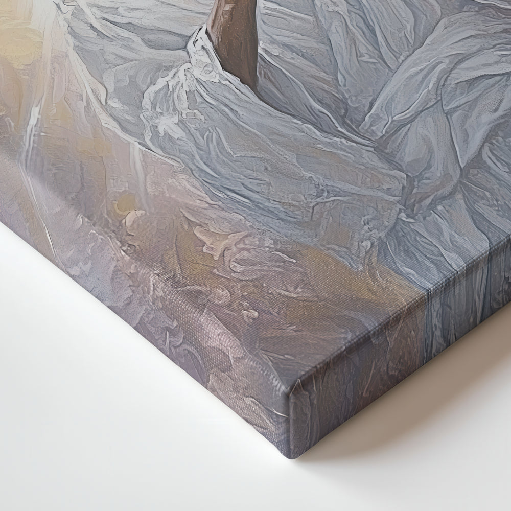 close-up of the painting of Jesus on canvas showing the detailed brushwork, gentle glow, and expressive features of Christ