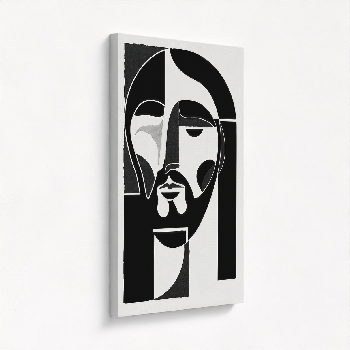 Jesus abstract painting on a high-quality stretched canvas showcasing the sharp lines, smooth textures, and balanced composition from a side view