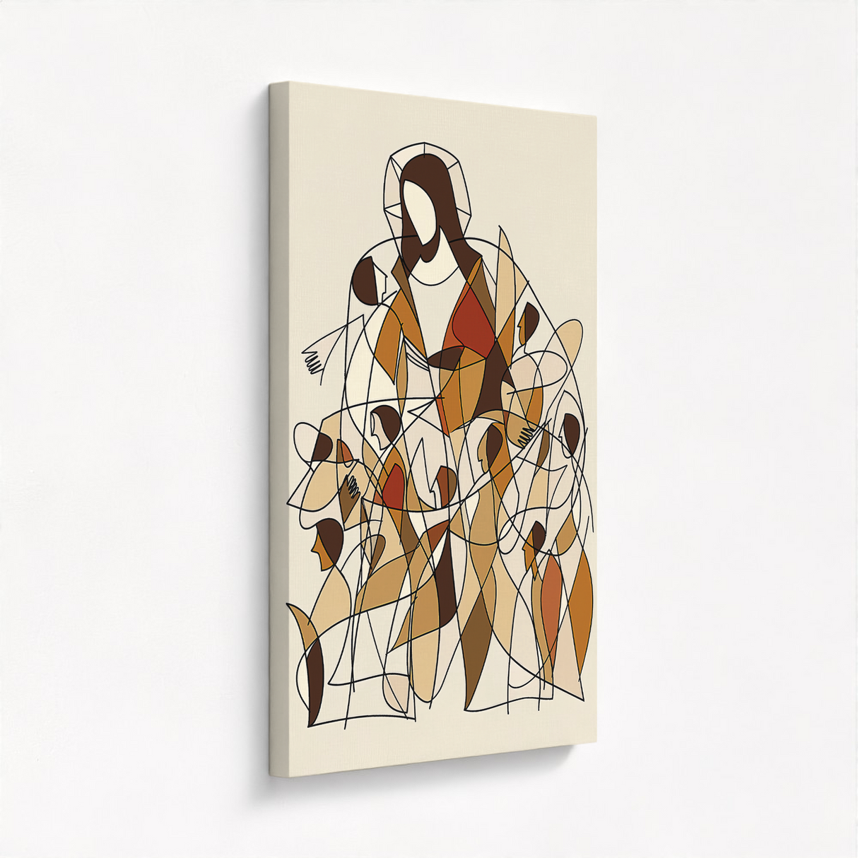contemporary Jesus art on high-quality stretched canvas showing the flowing lines, detailed brushwork, and layered depth from a side angle