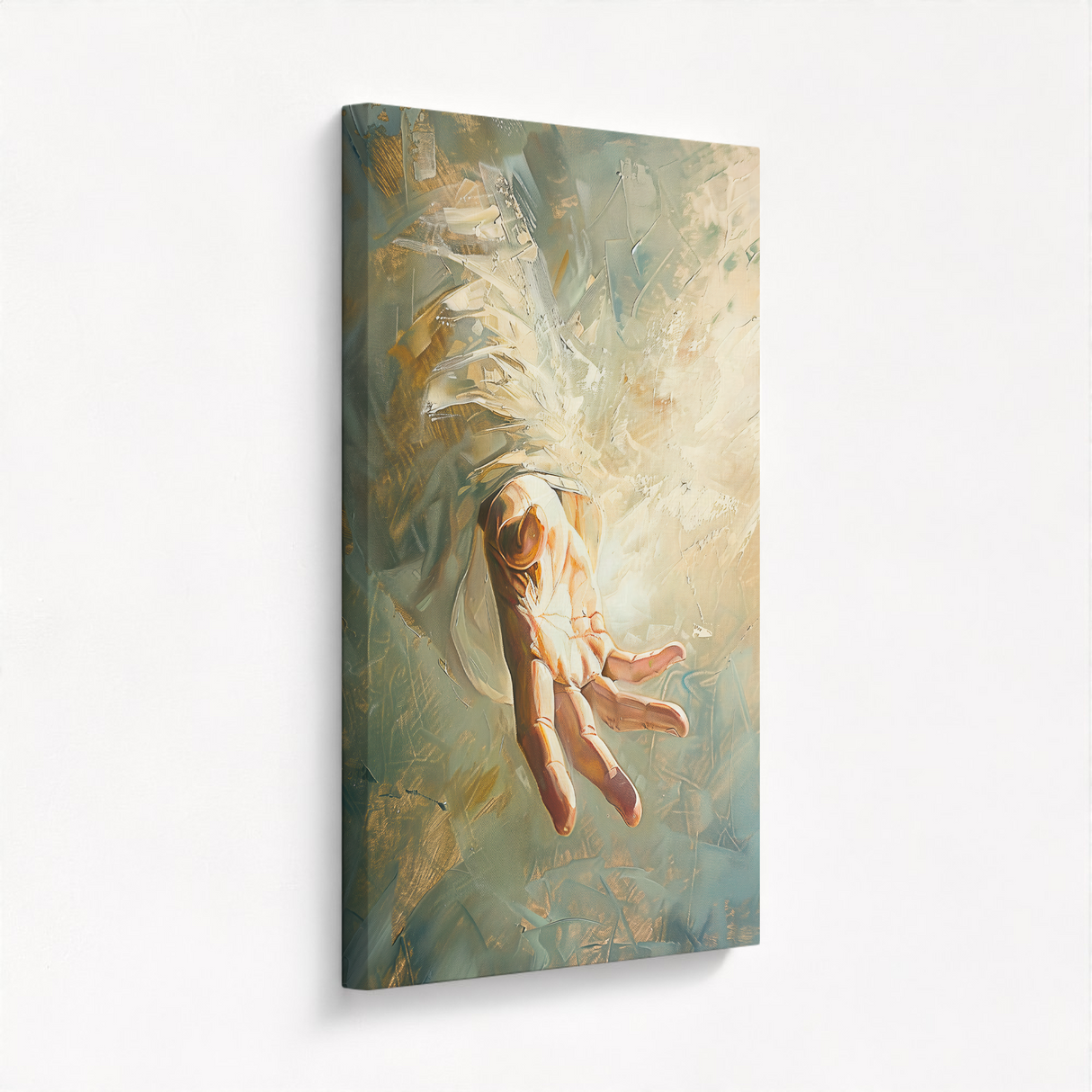 Hand of God painting on stretched canvas viewed from the side, showing depth, expressive brushwork, and the radiant focal point of the divine hand.
