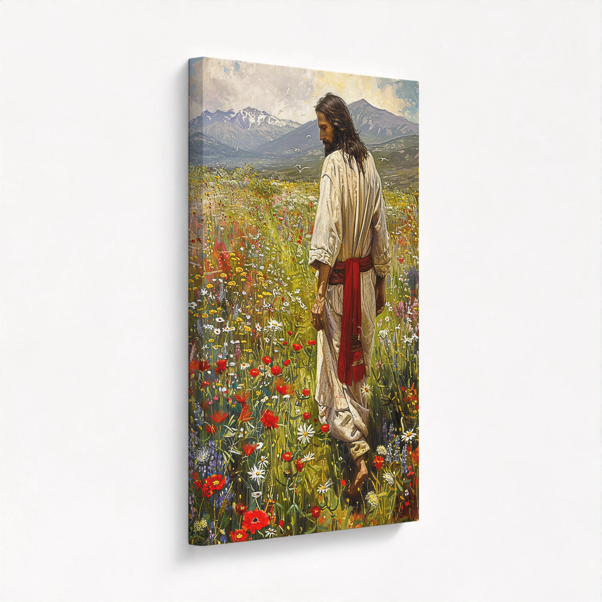 Jesus Christ artwork on stretched canvas viewed from a side angle showing texture and depth of the floral field and figure