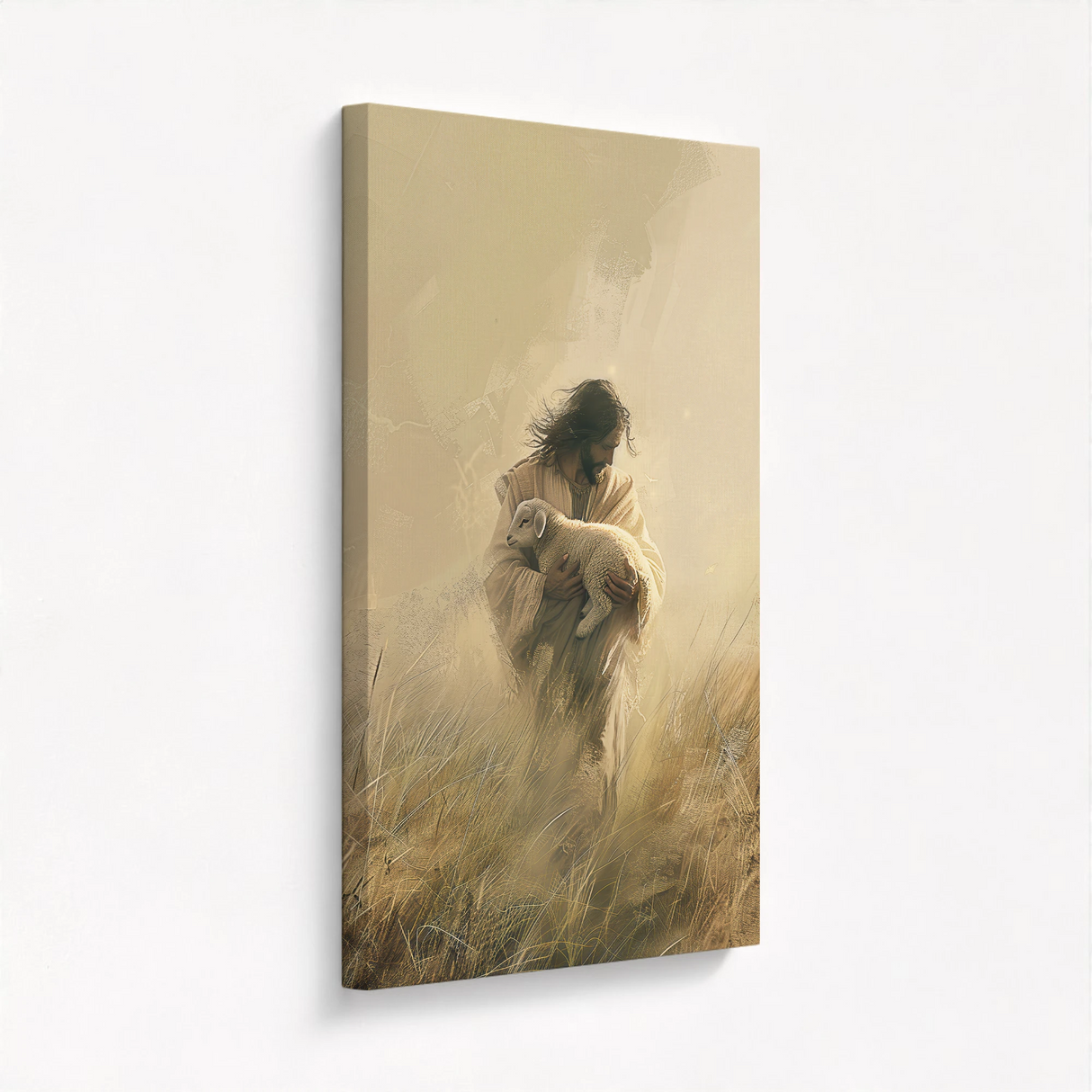 Jesus Holding a Lamb Picture on stretched canvas viewed from the side, showcasing the depth, softness, and immersive texture of the artwork.