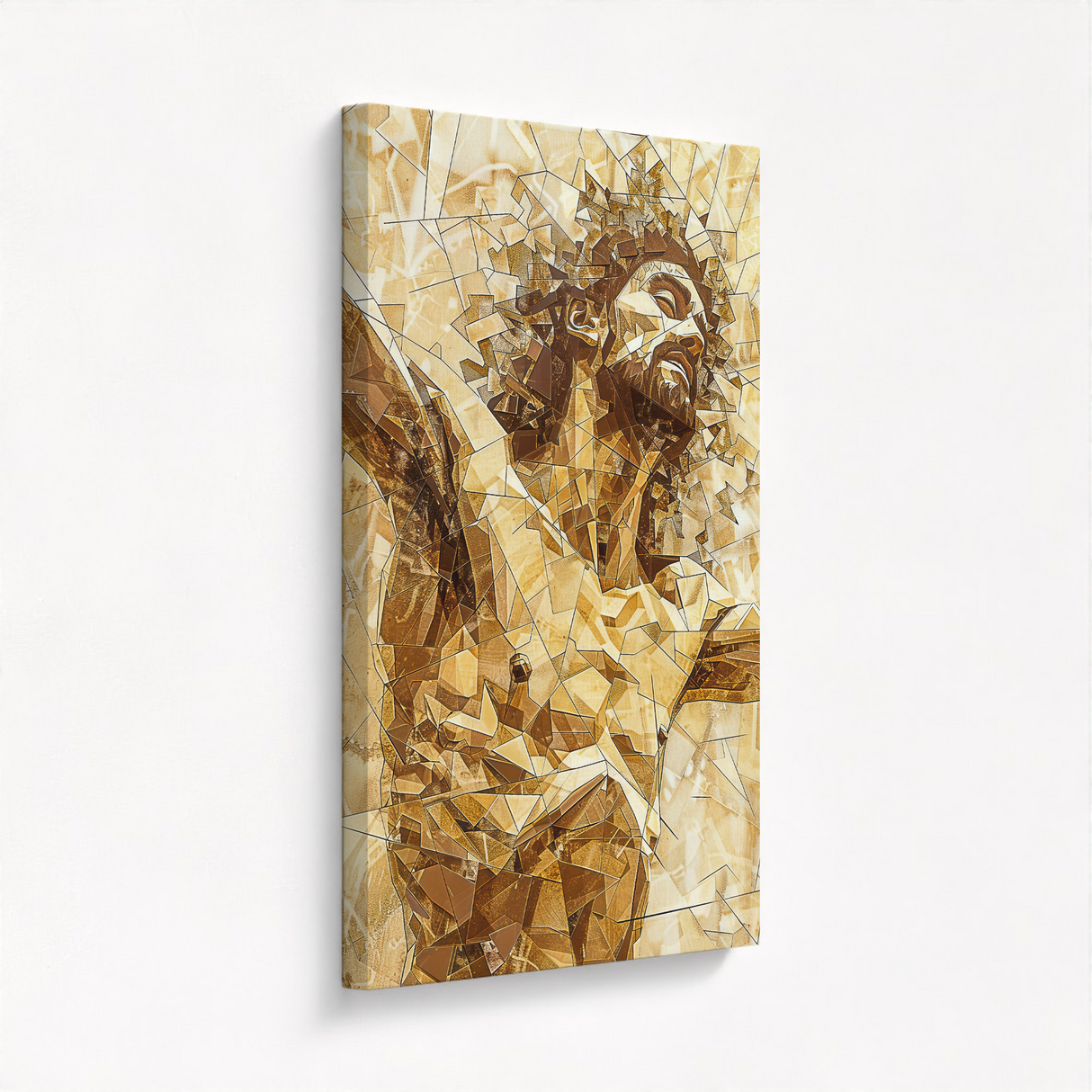 Crucifixion of Jesus artwork on stretched canvas viewed from the side, showcasing its depth, angles, and emotional impact