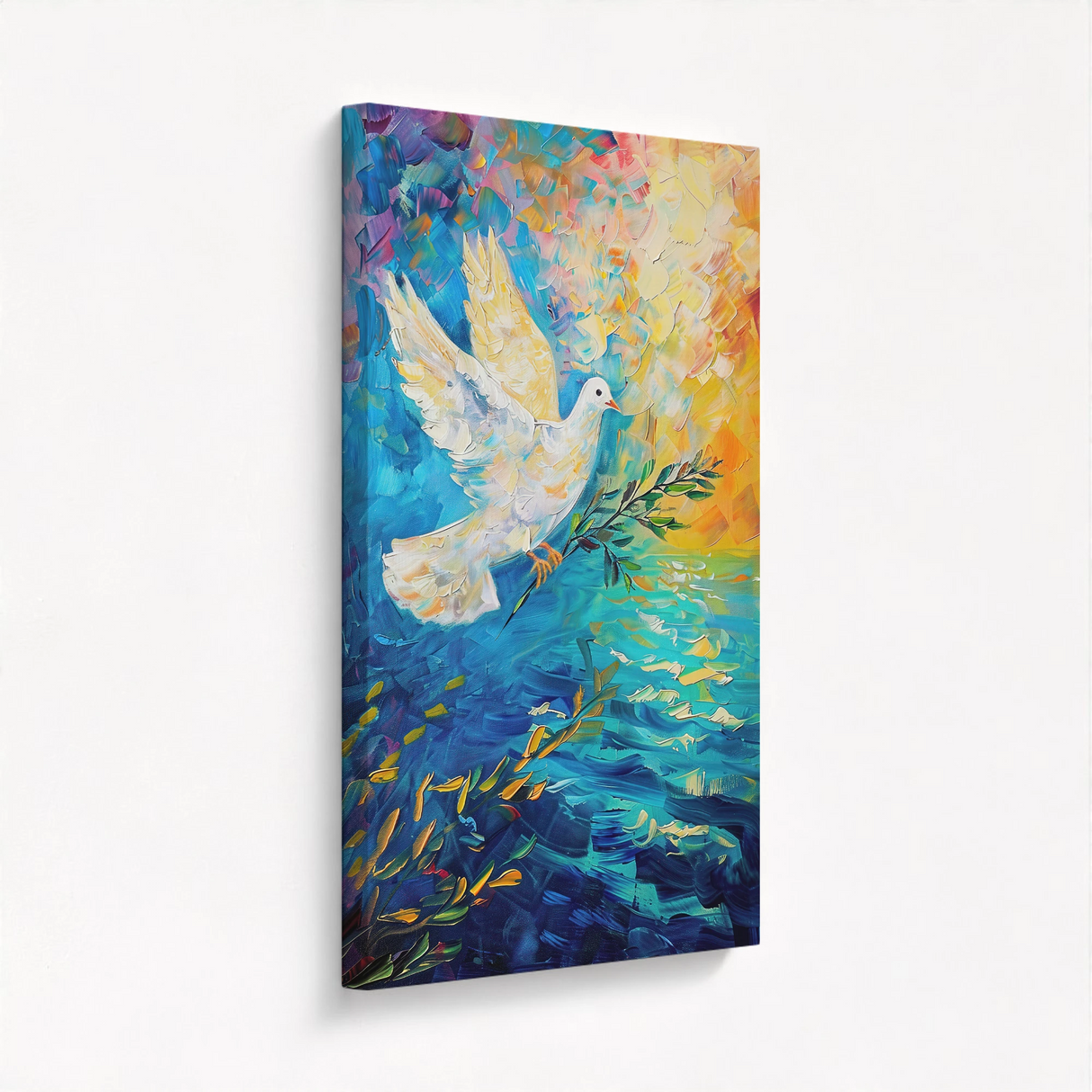 dove painting on a high-quality stretched canvas showing the rich texture of the paint and intricate details of the dove and water