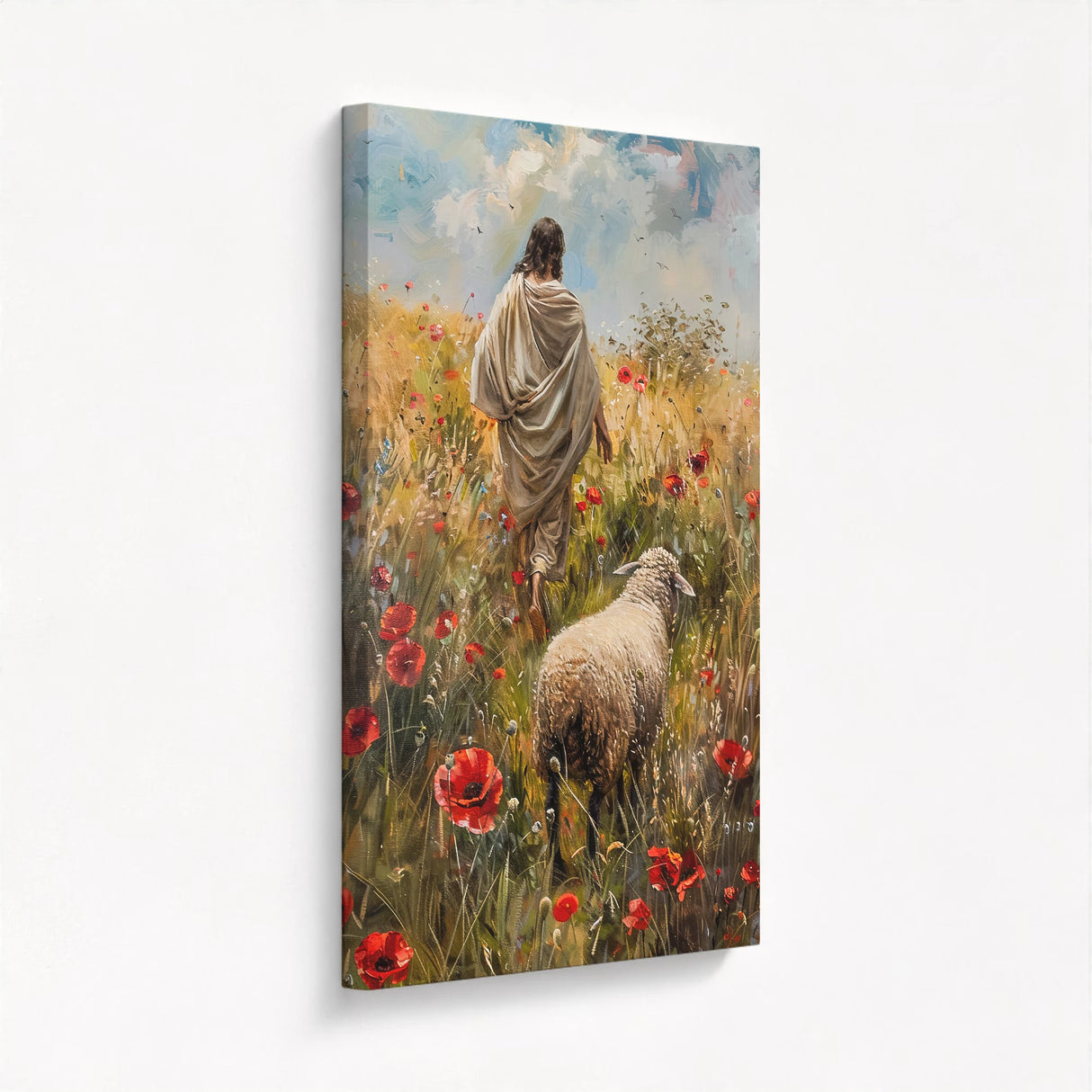 The Lost Sheep canvas print stretched on a high-quality frame showing Jesus walking with a sheep in a golden field.