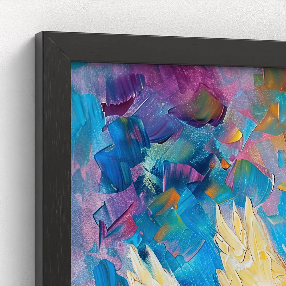 close-up of the dove painting framed in black highlighting the bold color contrast and crisp framing