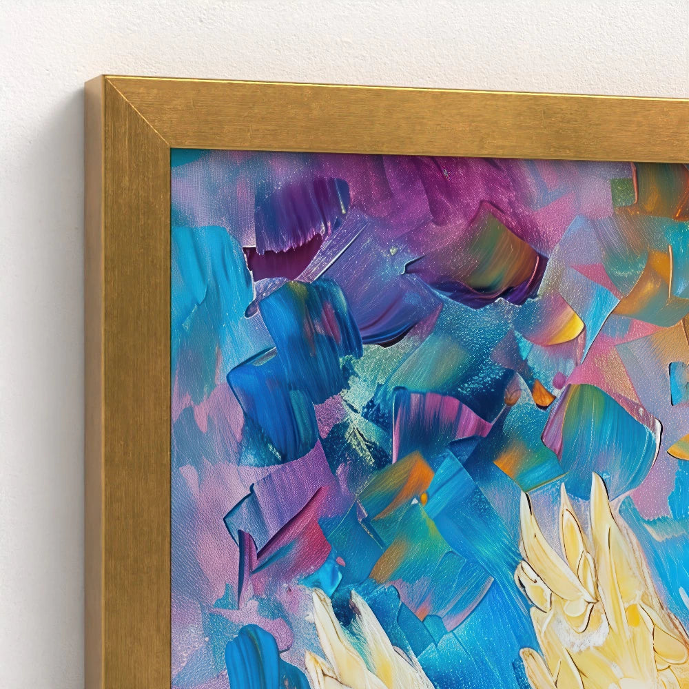 close-up of the dove painting framed in gold capturing the luxurious shimmer of the frame alongside the vibrant painting