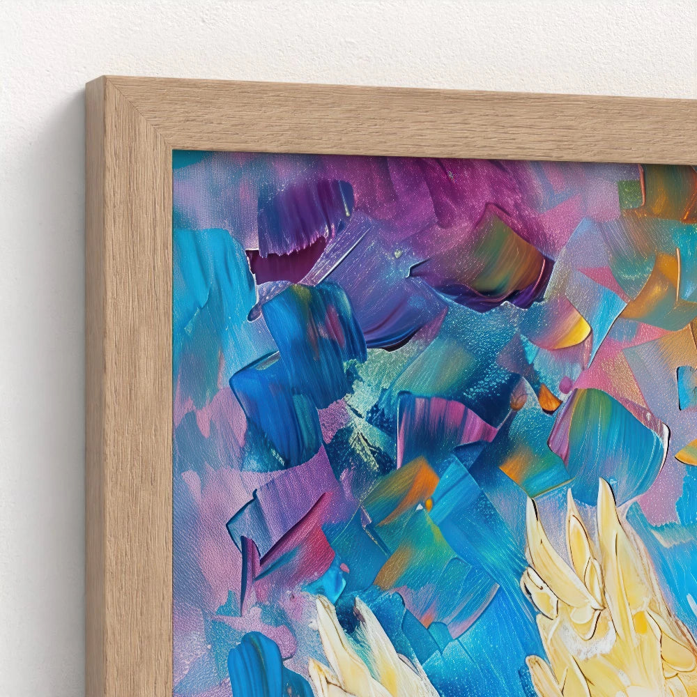 close-up of the natural wood framed dove painting showing the warm, organic texture complementing the soft abstract background