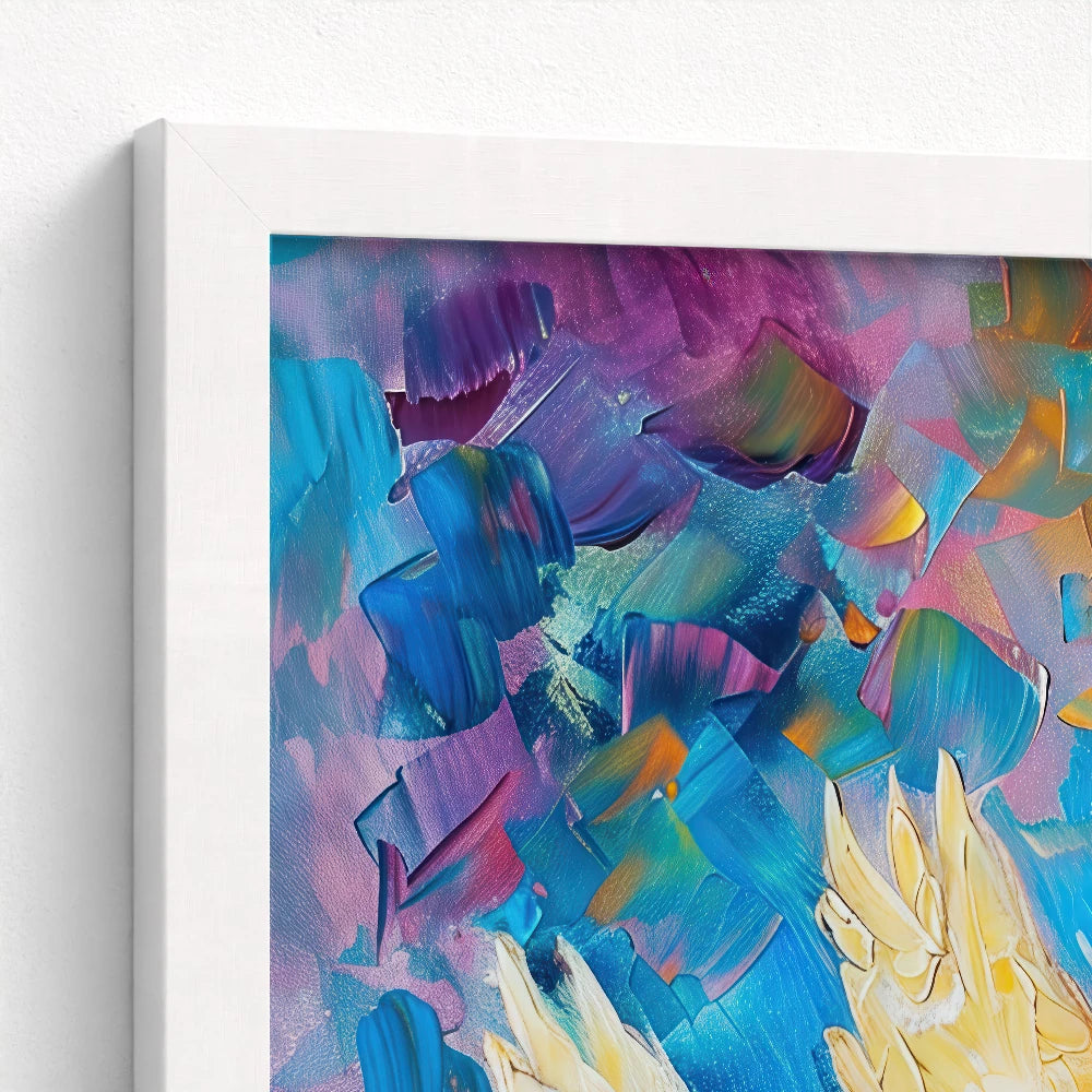 close-up of the dove painting framed in white focusing on the intricate details of the brushwork and the bright dove silhouette