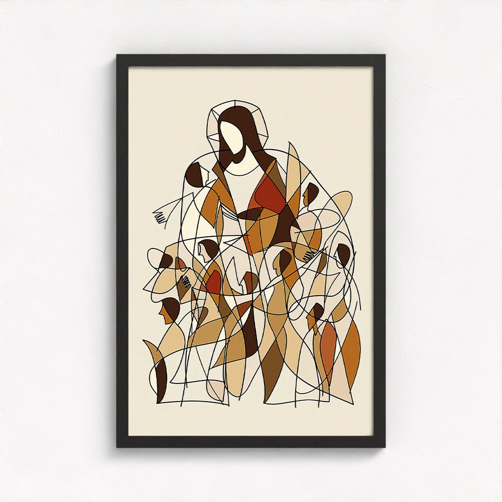 contemporary Jesus art framed in black creating contrast and depth within the flowing, intertwined figures of the artwork