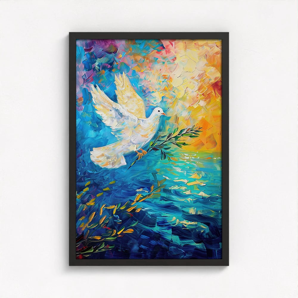 dove painting framed in black creating a bold contrast that makes the intricate brushstrokes and colors stand out