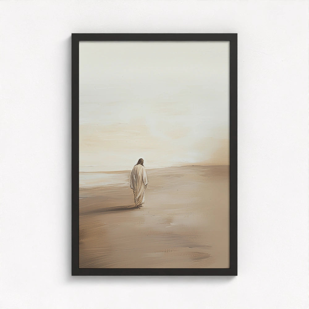 Jesus wall art framed in black, offering a modern edge to the soft neutral palette and spiritual symbolism.