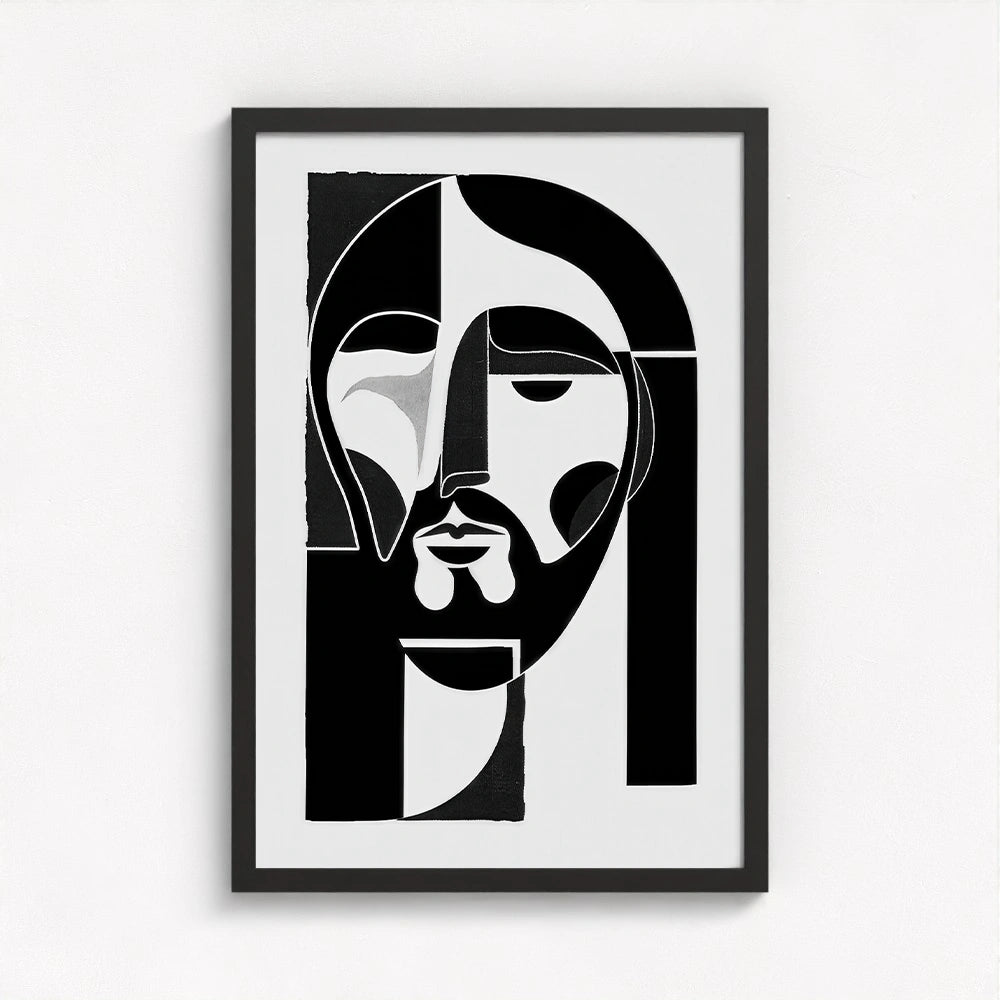 Jesus abstract painting framed in black adding a contemporary edge to the spiritual artwork and enhancing its bold visual structure