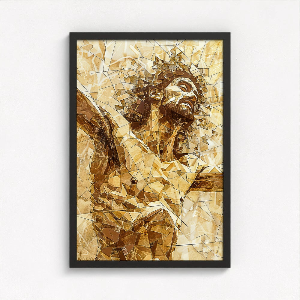 Crucifixion of Jesus artwork framed in black, highlighting the striking contrast of light and shadow