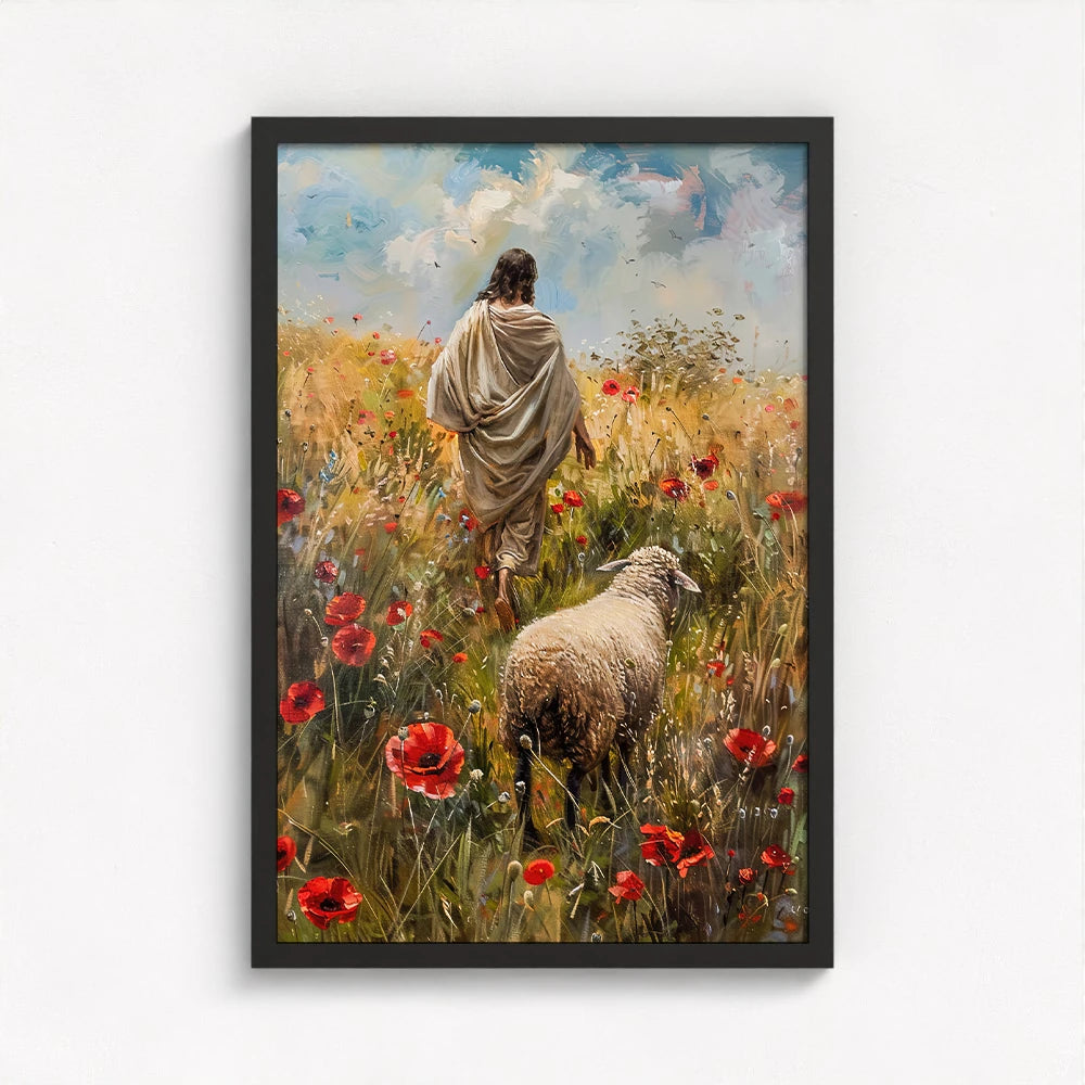 The Lost Sheep framed wall art in a bold black frame featuring a timeless biblical scene of Jesus and the lost sheep