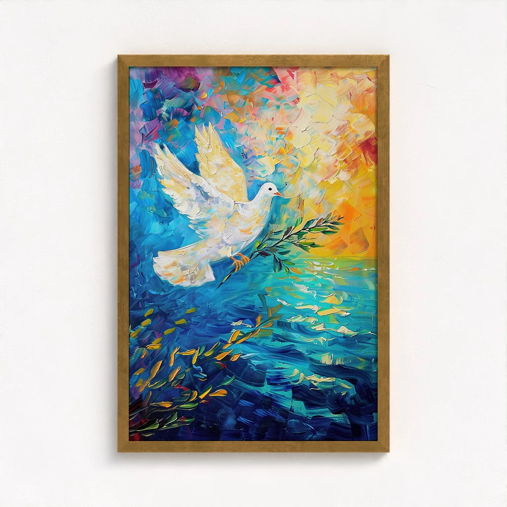 dove painting framed in gold adding a luxurious touch to this peaceful representation of faith and hope