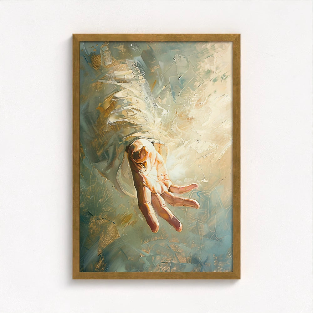 Hand of God painting framed in gold, enhancing the heavenly aura and spiritual richness.