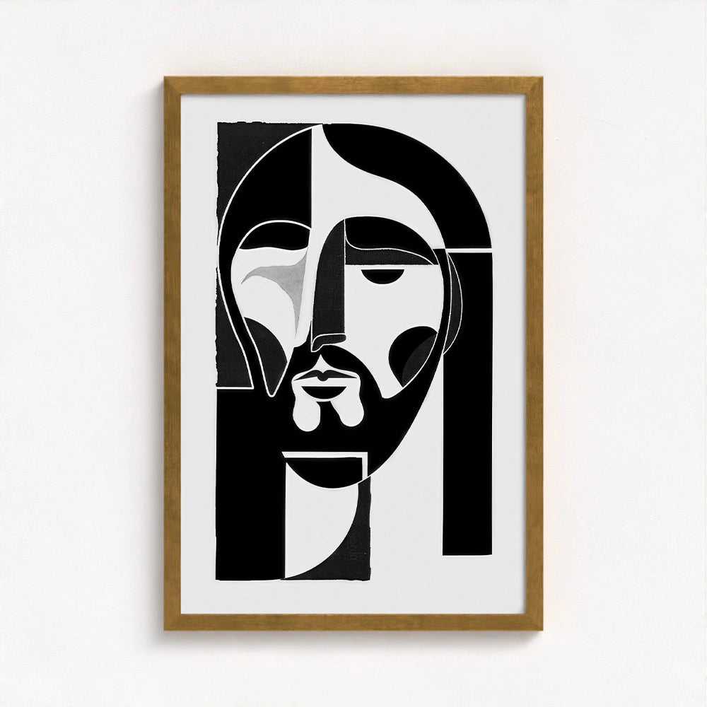 Jesus abstract painting framed in gold lending a touch of elegance and reverence to the powerful abstract portrait of Christ