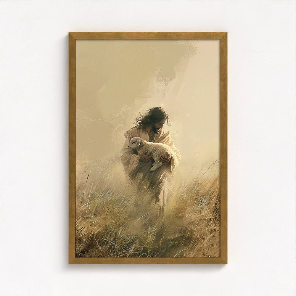 Jesus Holding a Lamb Picture framed in gold, lending a sacred elegance and warmth to the gentle portrayal.