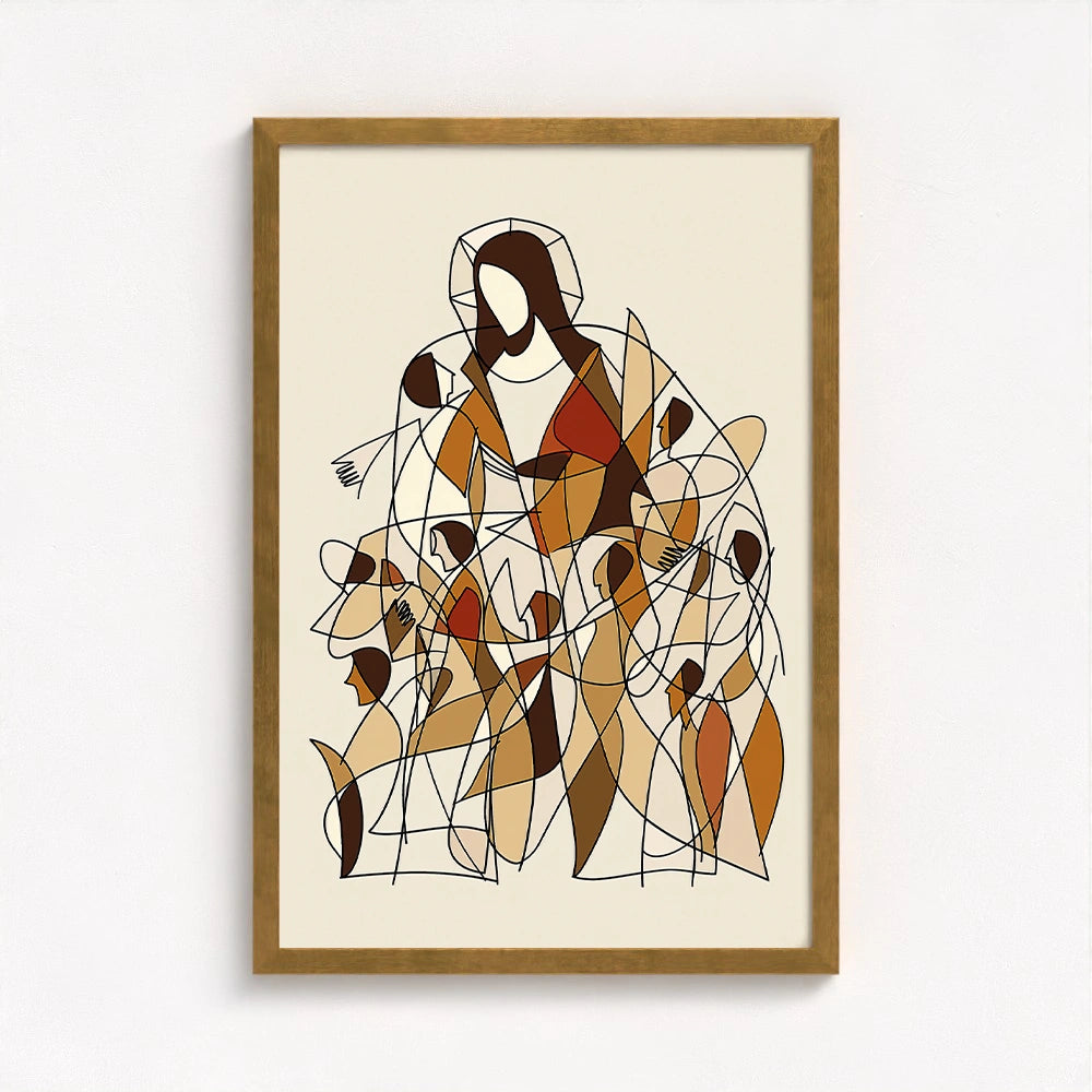 contemporary Jesus art framed in gold adding a refined touch to this heartfelt interpretation of Christ and community