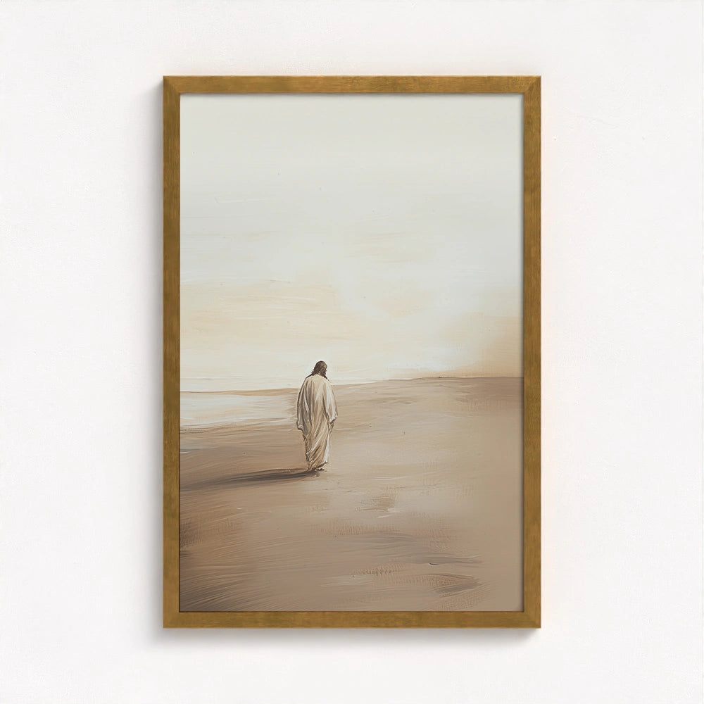 Jesus wall art framed in gold, introducing a sacred warmth and subtle radiance to the minimalist composition.