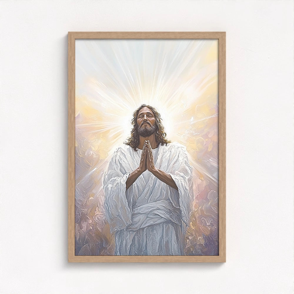 painting of Jesus in a natural wood frame that brings balance and organic beauty to the radiant spiritual composition