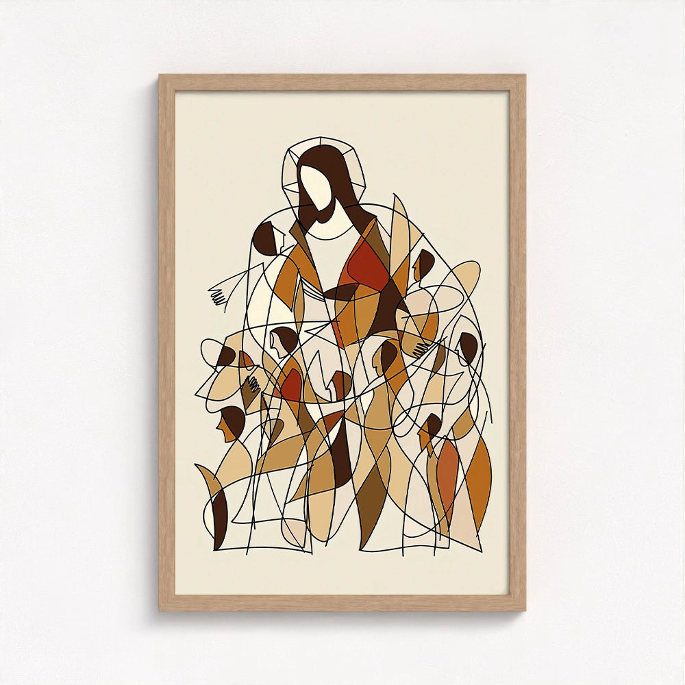 contemporary Jesus art in a natural wood frame emphasizing the rich earthy palette and bringing harmony to the modern sacred design