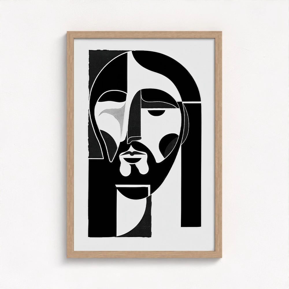 Jesus abstract painting in a natural wood frame bringing a grounded aesthetic to the spiritual composition and its thoughtful simplicity