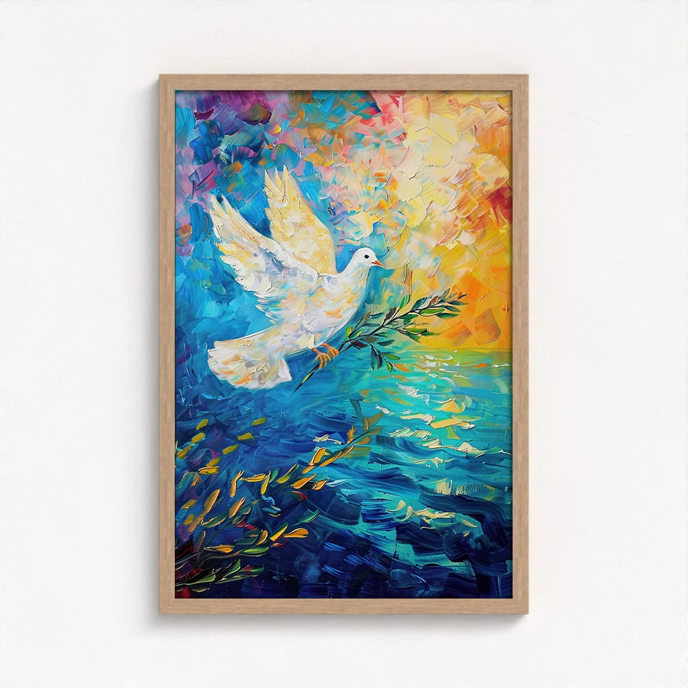 dove painting in a natural wood frame bringing warmth and harmony to the soft textures of the sky and ocean