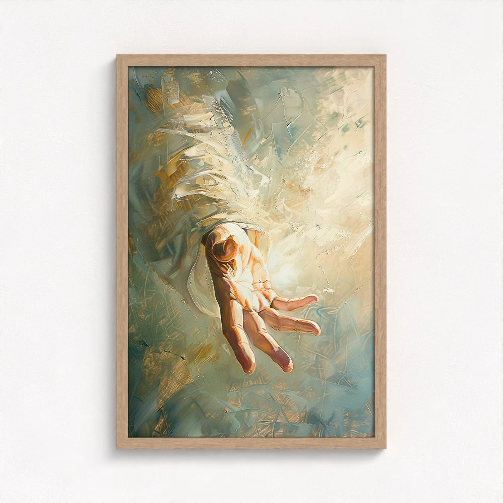 Hand of God painting framed in natural wood, complementing the soft textures and painterly movement with an earthy finish.