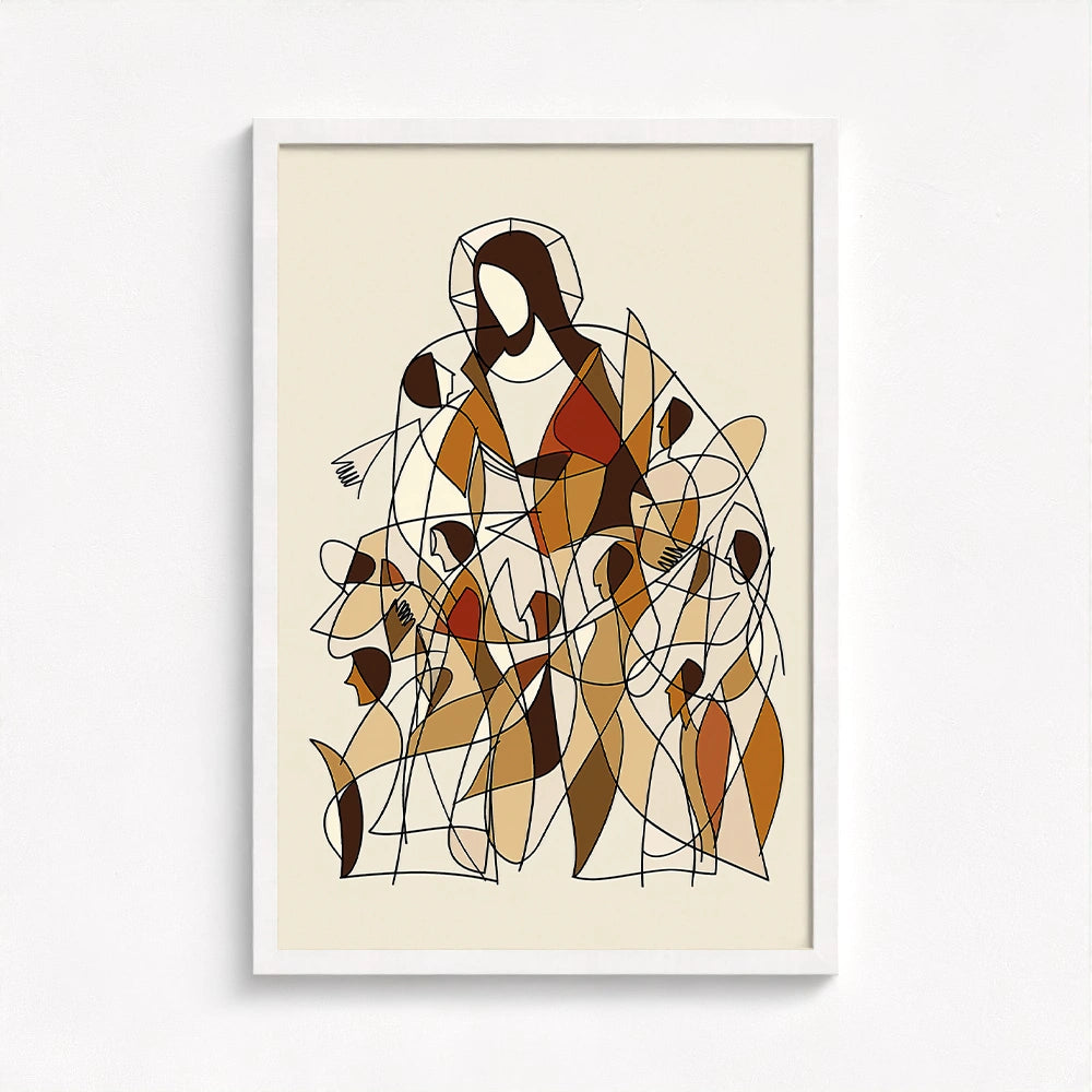 contemporary Jesus art framed in crisp white drawing focus to the minimalist design and soft neutral background of the spiritual illustration