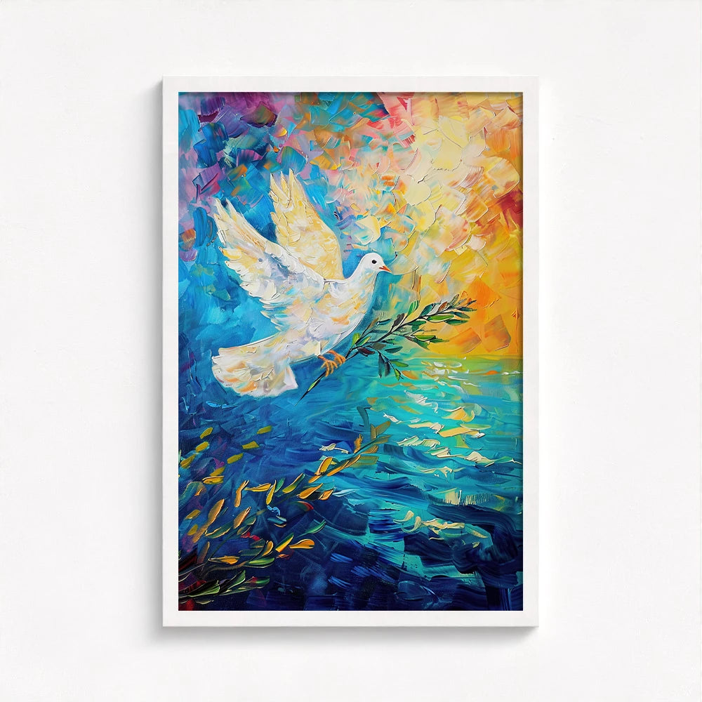dove painting framed in crisp white enhancing the bright and airy feel of the white dove and golden sunset