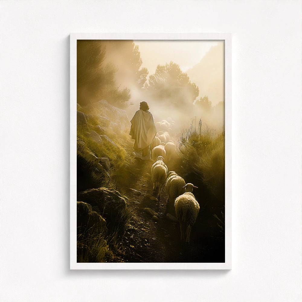 Jesus Leaves the 99 framed in white, illuminating the tranquil path and symbolizing purity in the shepherd’s mission.