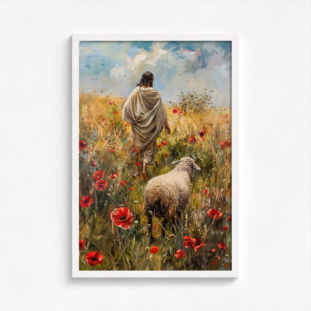 The Lost Sheep Christian framed print in a white frame showing Jesus walking alongside a sheep in a field of flowers.