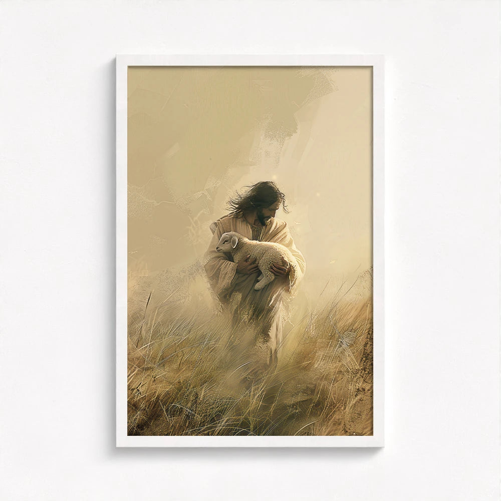 Jesus Holding a Lamb Picture framed in white, highlighting the pure, peaceful emotion of this pastoral composition.