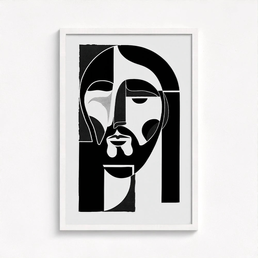Jesus abstract painting framed in crisp white that highlights the clean geometry and sacred symmetry of the minimalist design