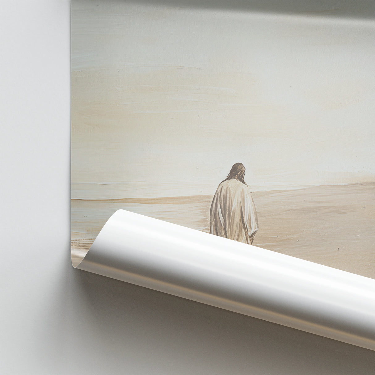 Jesus wall art printed on premium poster paper, capturing the calm stillness and wide expanse of this minimalist spiritual piece.