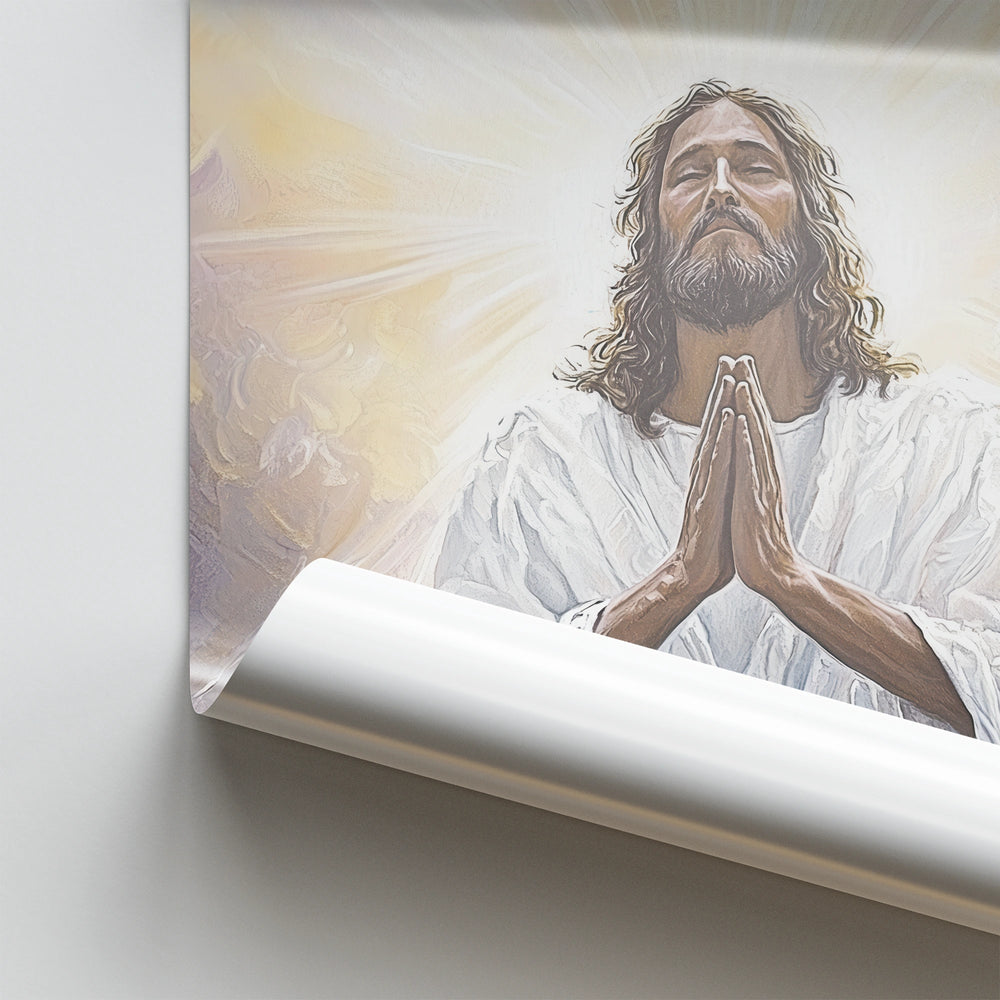 close-up of the rolled edge of the painting of Jesus poster showing the high-quality paper and vivid reproduction of detail and light