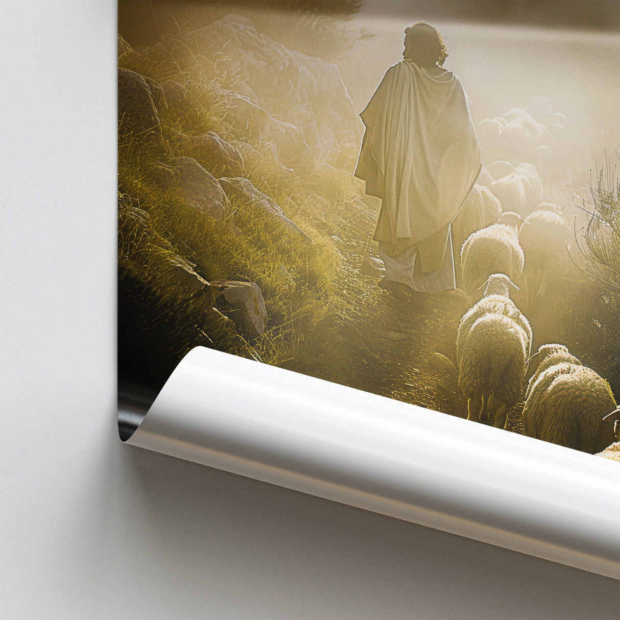 Jesus Leaves the 99 printed on high-quality poster paper, capturing the rich detail, lighting, and emotional storytelling of the shepherd’s walk.