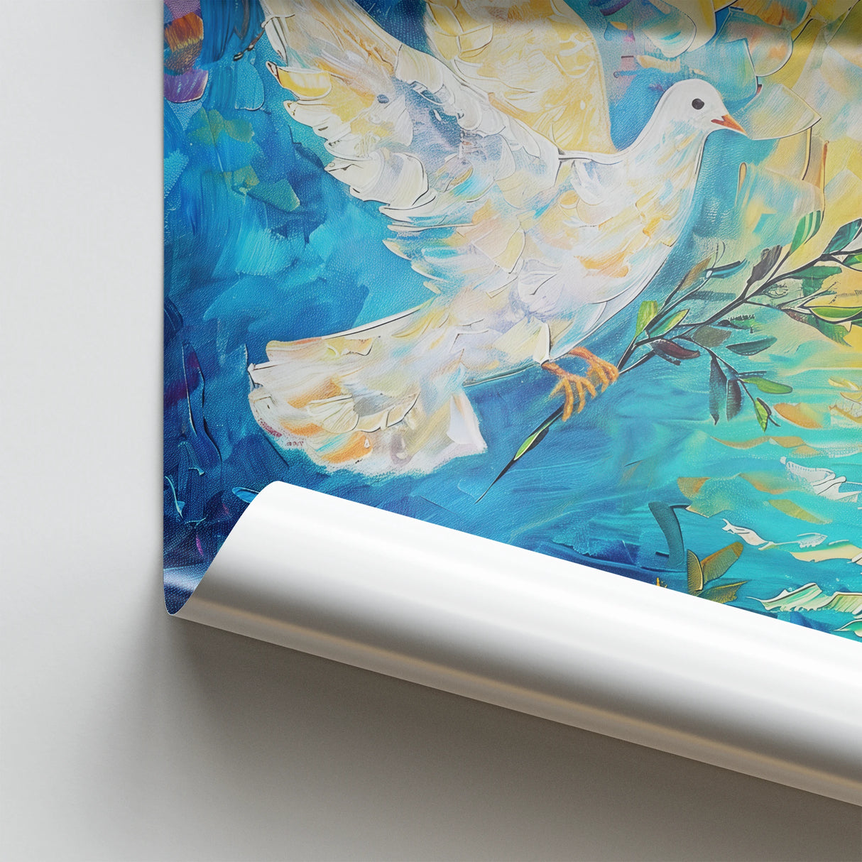 close-up of the rolled edge of the dove painting poster showing the smooth high-quality paper and vibrant color details