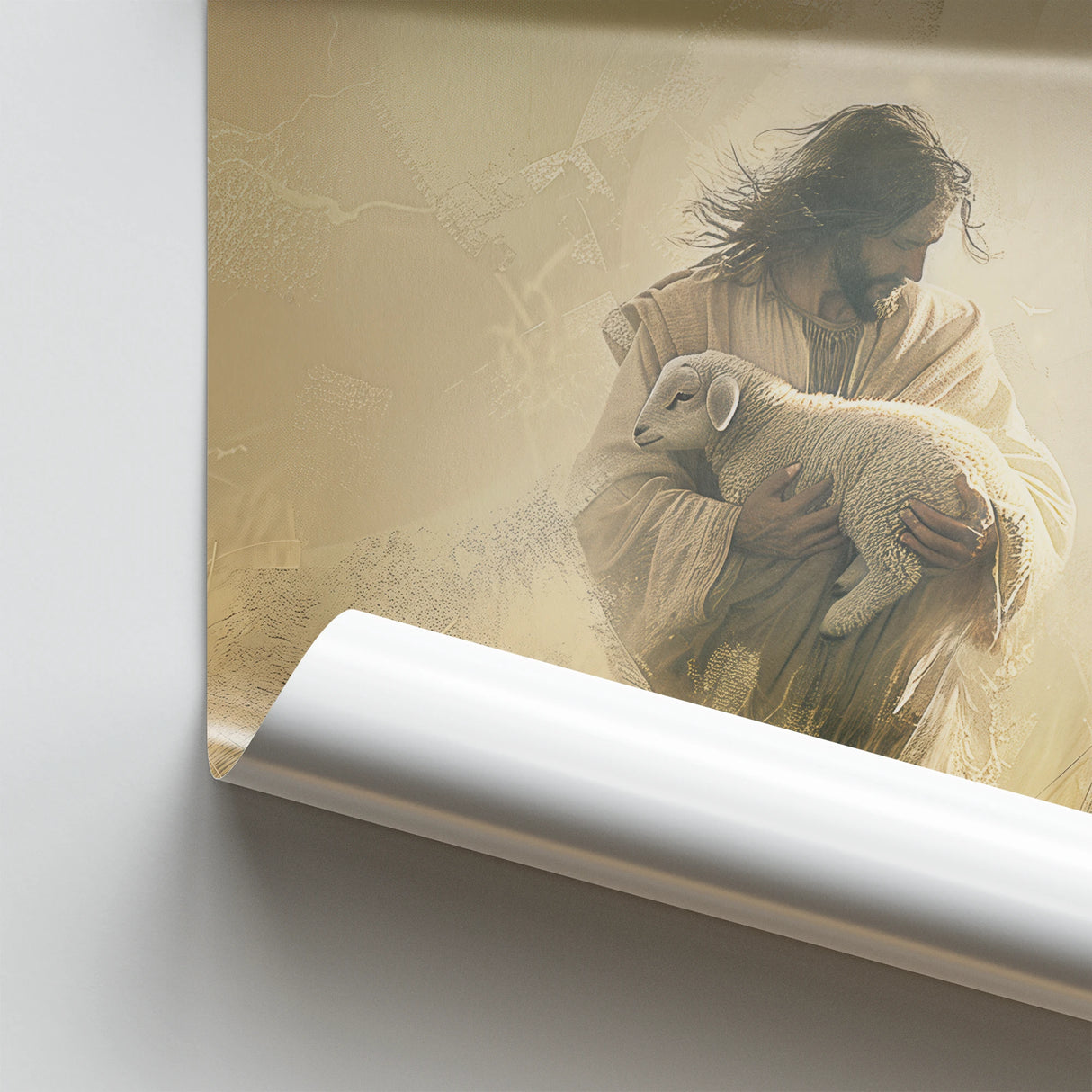 Jesus Holding a Lamb Picture printed on high-quality poster paper with delicate detail and a warm, atmospheric tone.