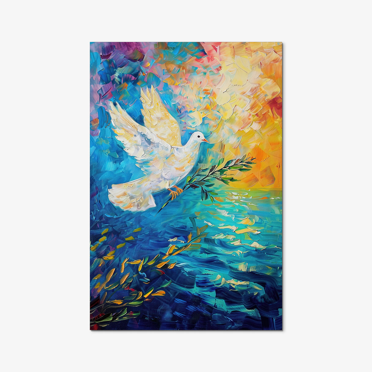 dove painting printed on premium poster paper featuring a peaceful white dove with an olive branch, symbolizing faith and renewal