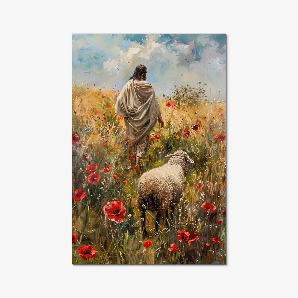 The Lost Sheep Christian poster with a beautifully detailed painting of Jesus and the lost sheep in a peaceful landscape.