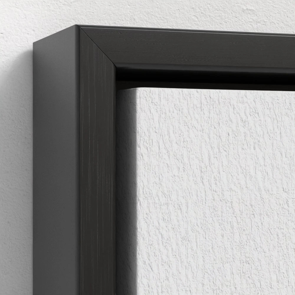 close-up of the black float frame showcasing the contrast between the sleek matte border and the striking black and white artwork