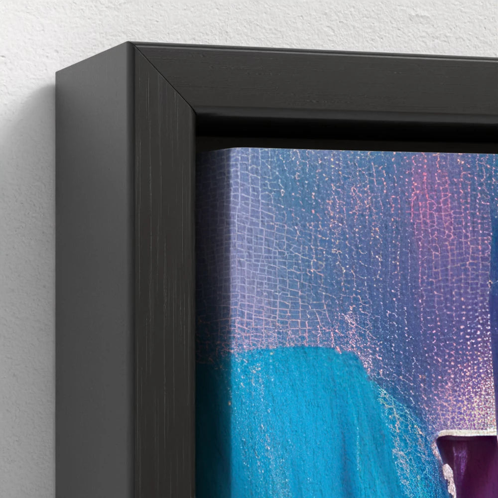 close-up of the black float frame emphasizing the contrast between the bold frame and the soft glowing colors of the dove painting
