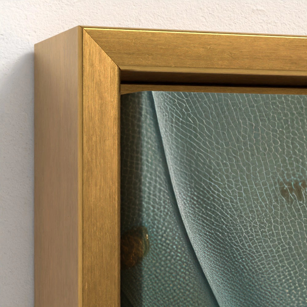 Close-up of gold float frame enhancing divine warmth and the painting’s spiritual elegance.