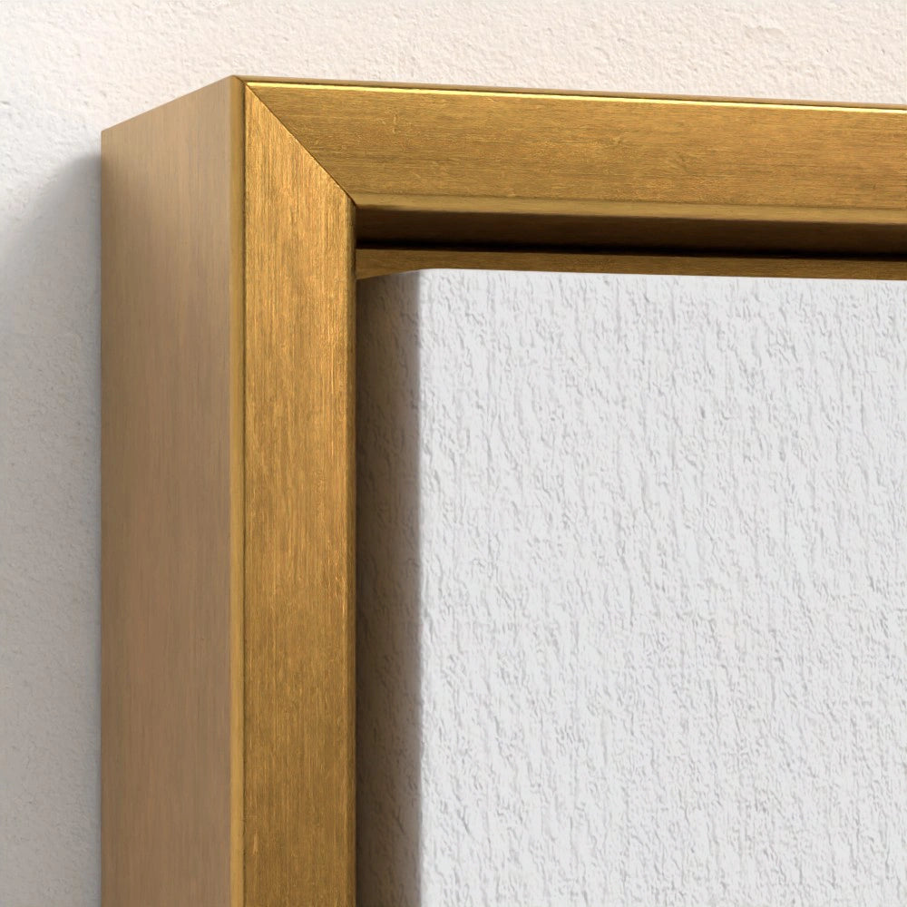 close-up of the gold float frame highlighting the gentle metallic sheen that adds warmth to the monochrome portrait